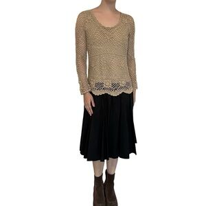 Vintage Long Sleeve Dress Crochet Bohemian Artsy Unique Black Tan Size 8 Medium